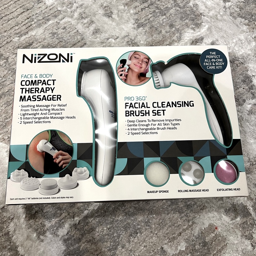 Nizoni Facial Cleansing Brush and Compact Therapy Massager Gift Set New